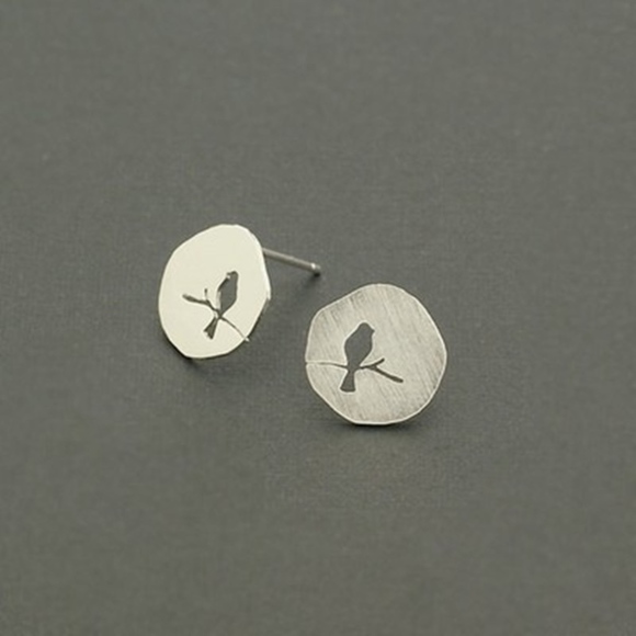 Silver Bird On Branch Round Stud Earrings - Picture 2 of 4